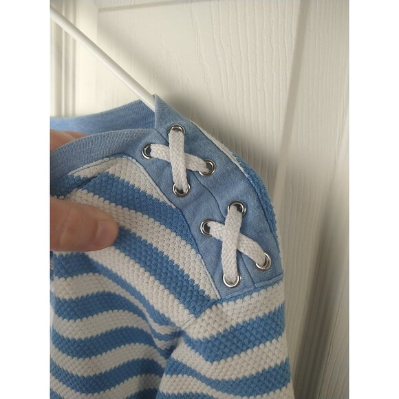 Kenneth Too Woman L Blue White Nautical Striped 3/4 Sleeve Lace Shoulder Casual - Picture 3 of 8